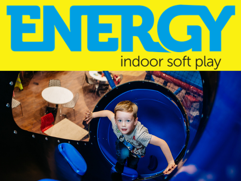 logo for Energy soft play and image of boy playing
